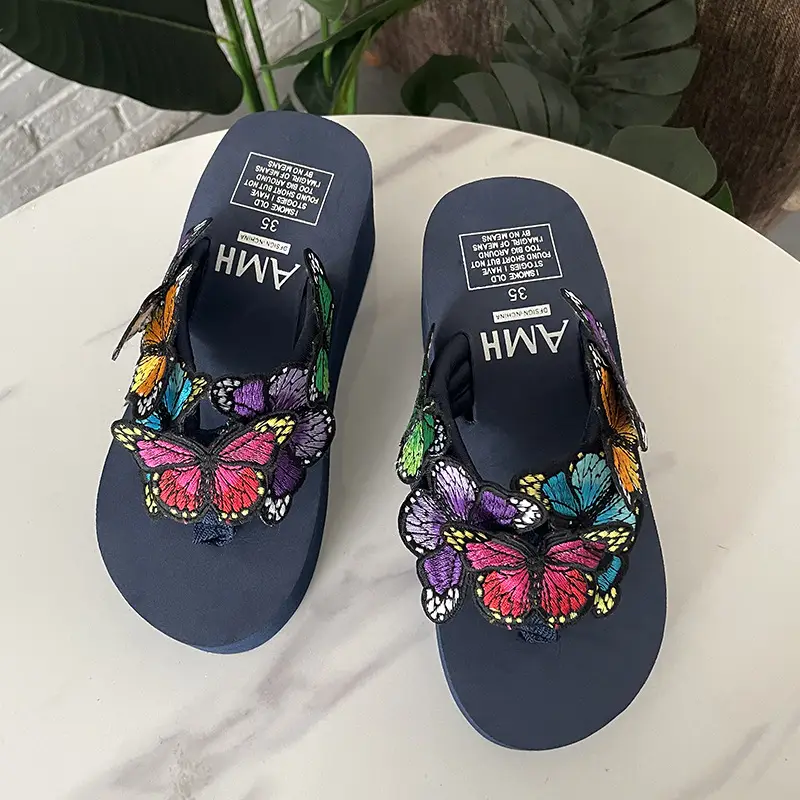 Women Butterfly Flip Flops Pink High Heel Summer Sandals