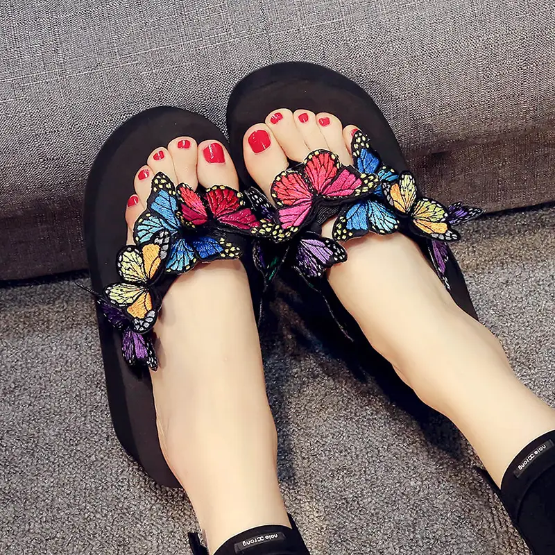 Women Butterfly Flip Flops Pink High Heel Summer Sandals