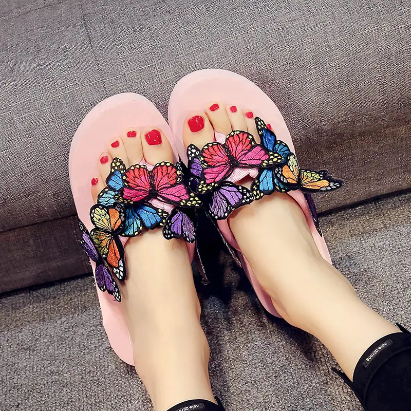 Women Butterfly Flip Flops Pink High Heel Summer Sandals