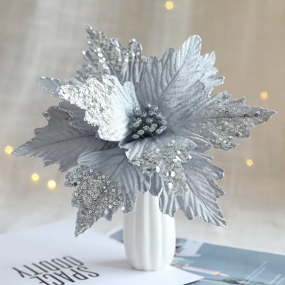 Silver Sequin Christmas Flower Arrangement Decor