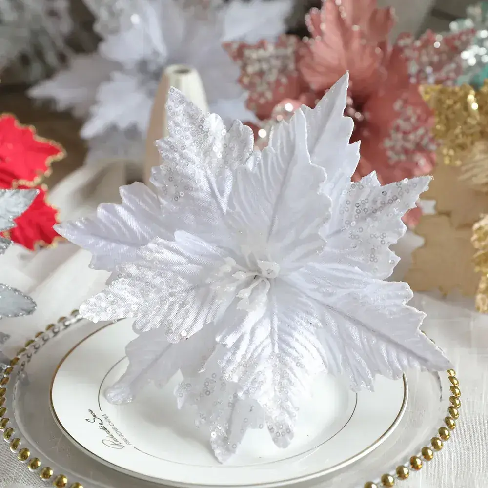 Silver Sequin Christmas Flower Arrangement Decor