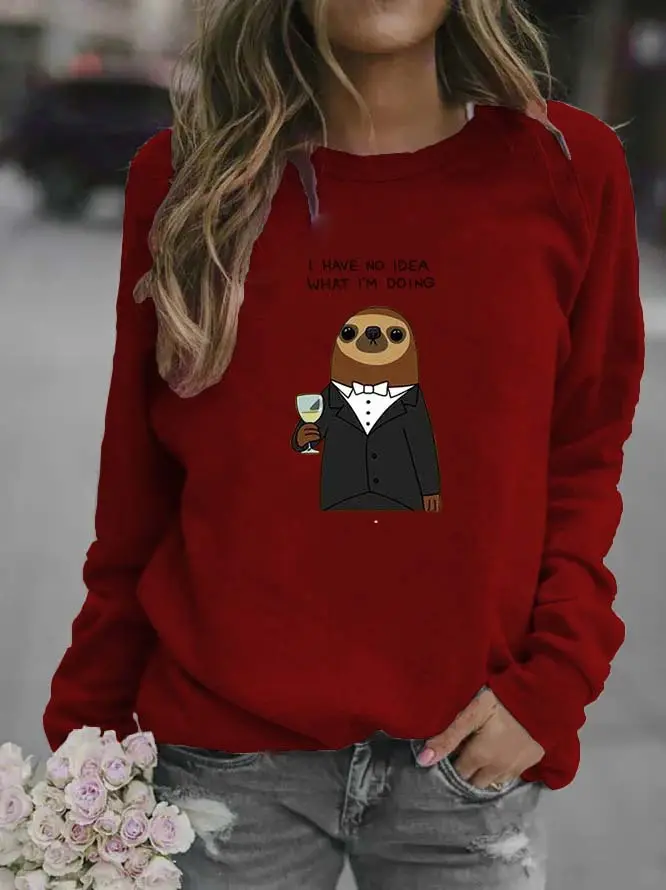 Women Red Sweatshirt with Cartoon Bear Design - Image 7