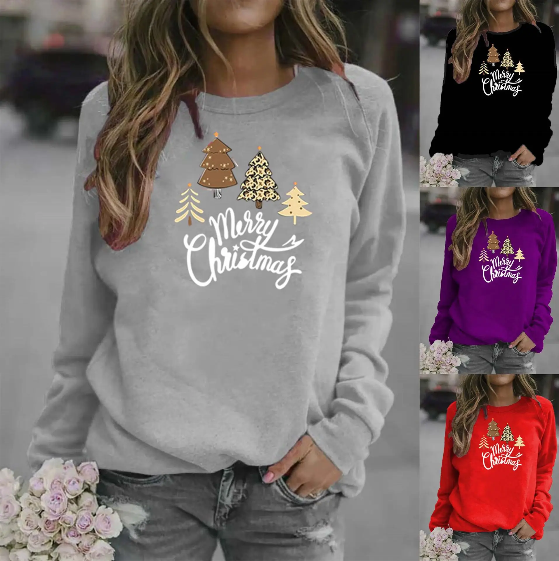 Women Christmas Tree Crew Neck Sweatshirt Grey - Image 9