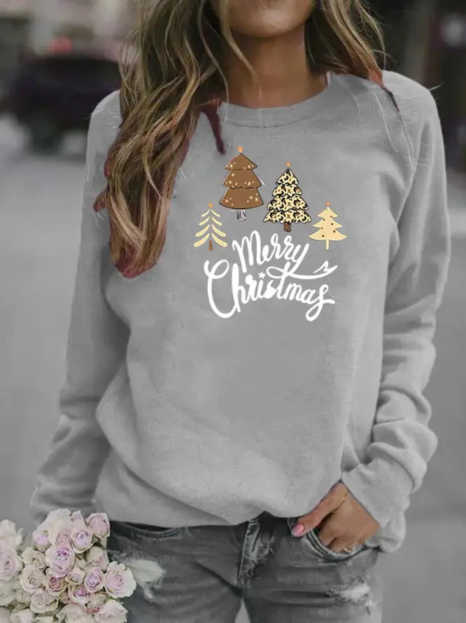 Women Christmas Tree Crew Neck Sweatshirt Grey - Image 3