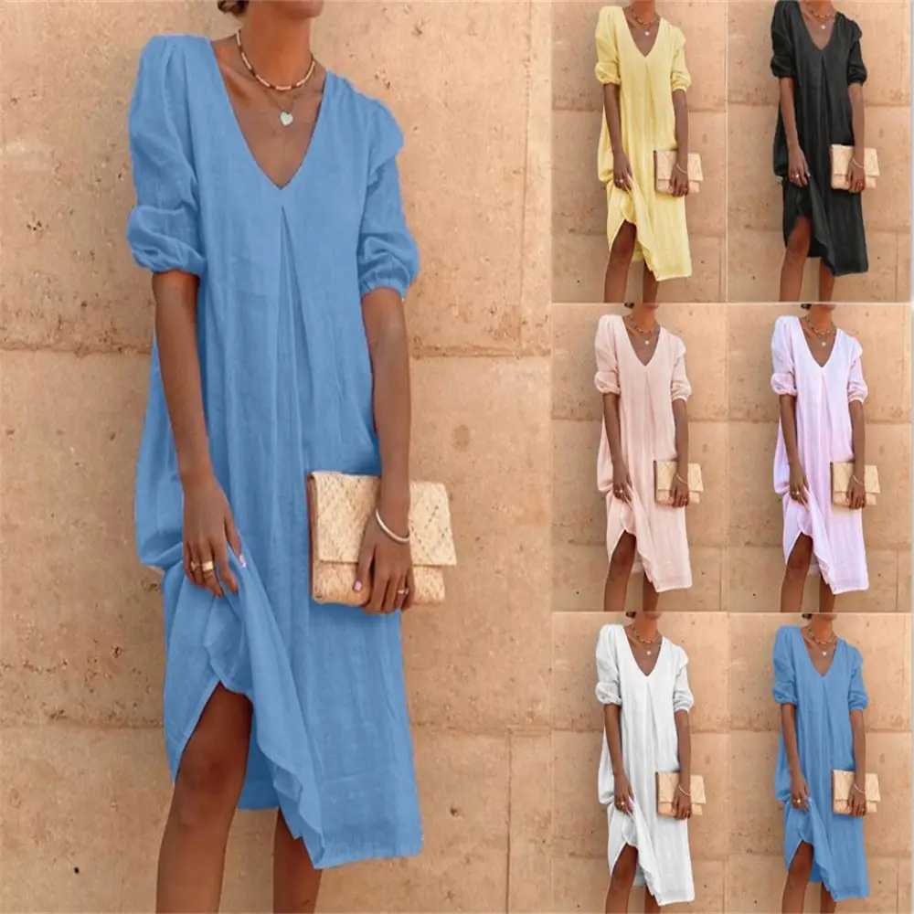 2024 Cotton Linen Midi Dress Pink V-Neck Long Sleeve - Image 8