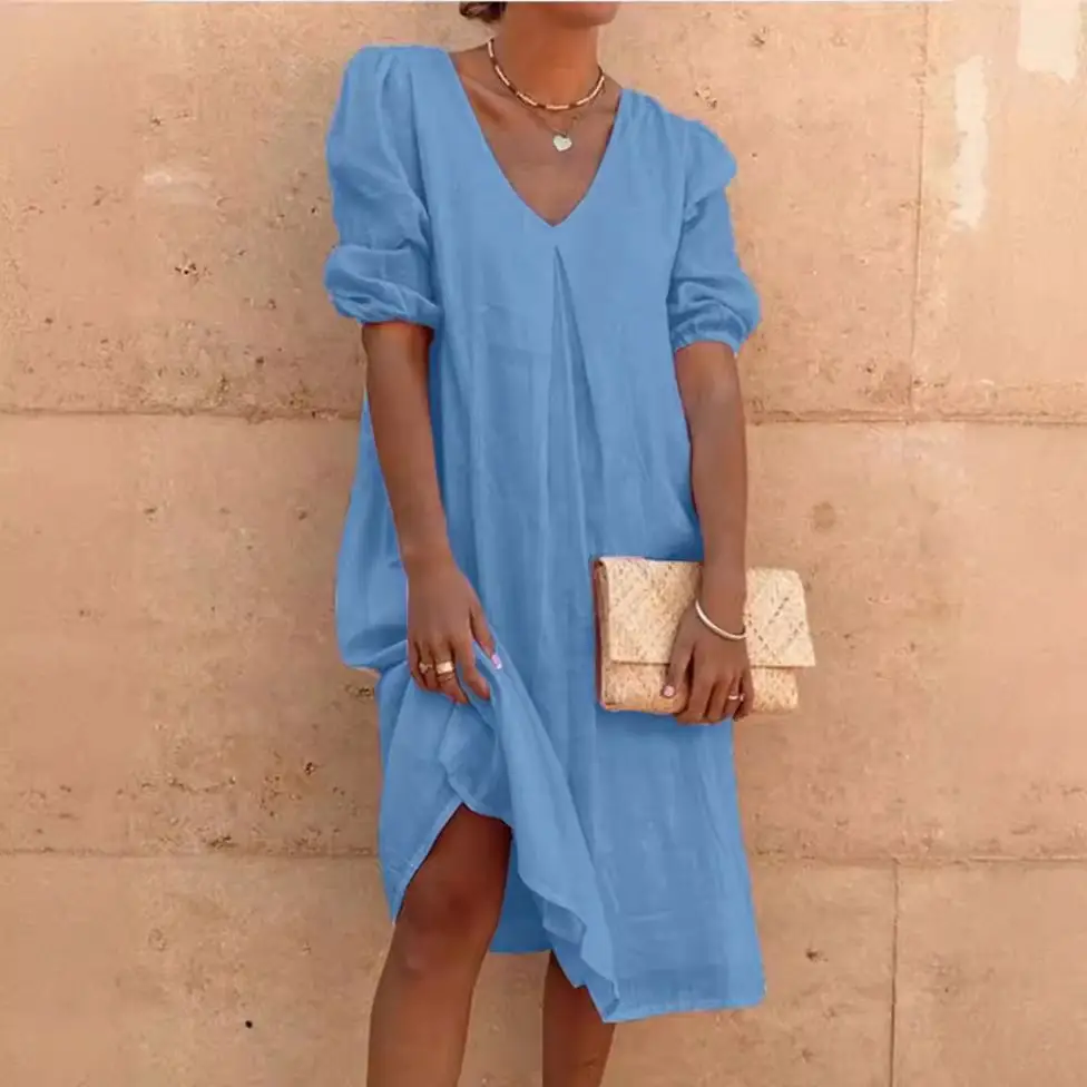 2024 Cotton Linen Midi Dress Pink V-Neck Long Sleeve - Image 9