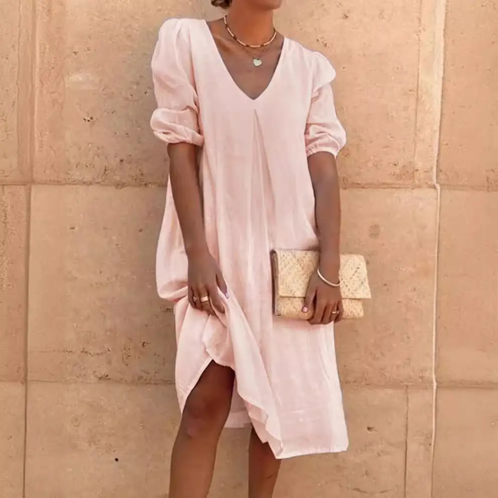 2024 Cotton Linen Midi Dress Pink V-Neck Long Sleeve - Image 10