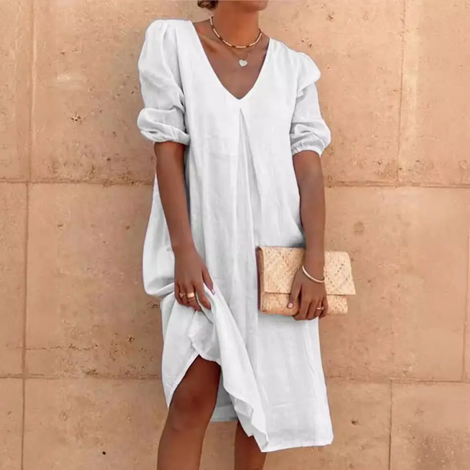 2024 Cotton Linen Midi Dress Pink V-Neck Long Sleeve - Image 11