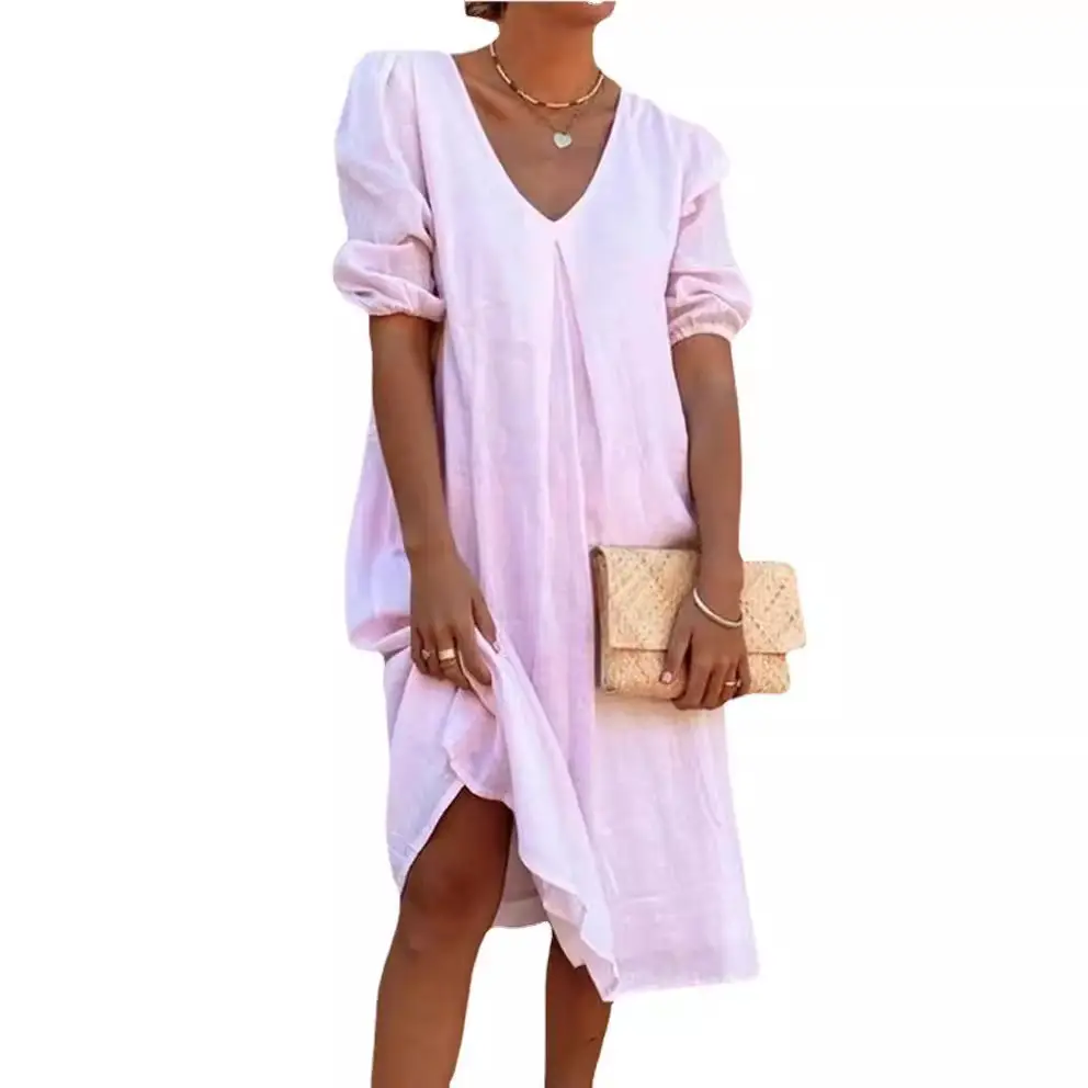 2024 Cotton Linen Midi Dress Pink V-Neck Long Sleeve - Image 12