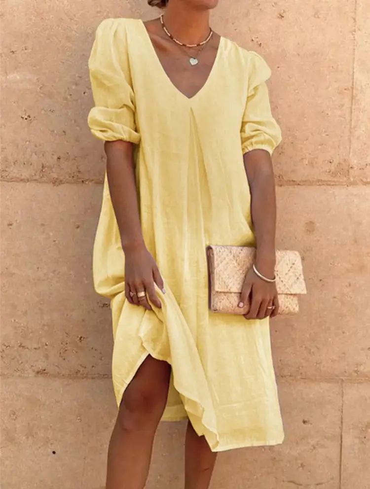 2024 Cotton Linen Midi Dress Pink V-Neck Long Sleeve - Image 3