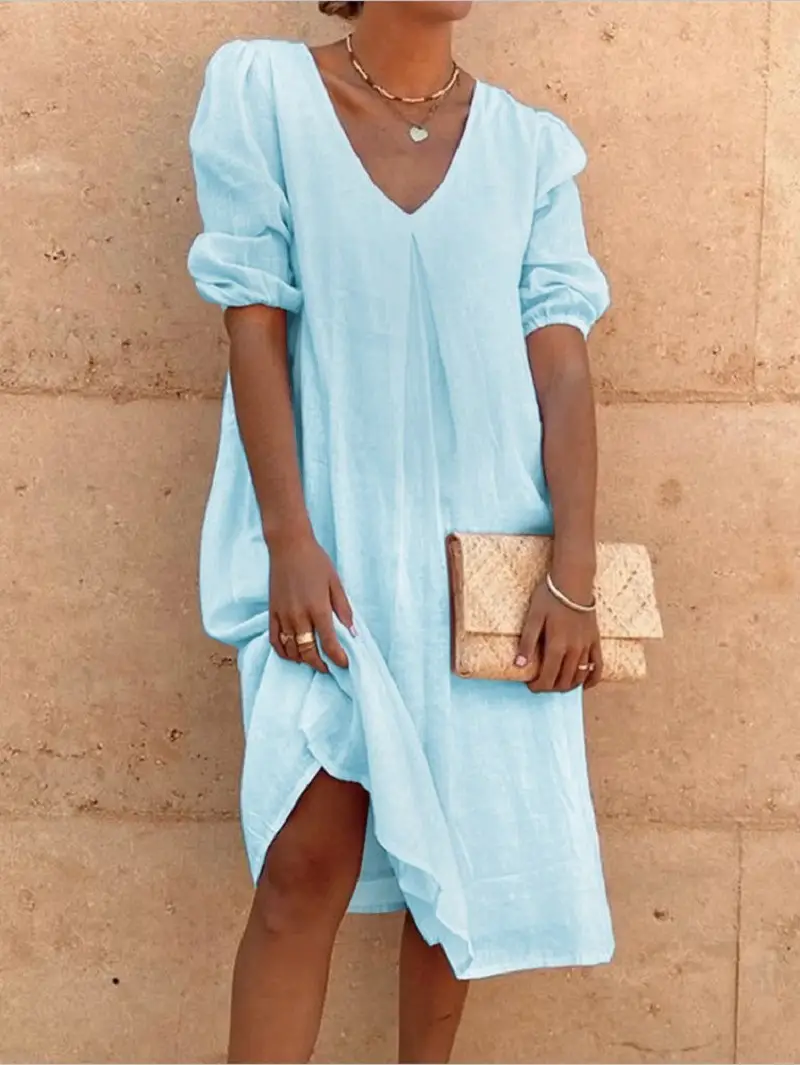2024 Cotton Linen Midi Dress Pink V-Neck Long Sleeve - Image 4