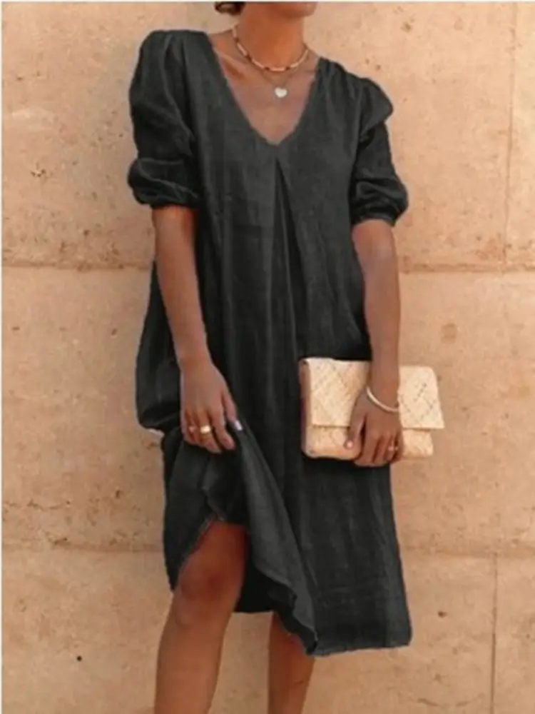 2024 Cotton Linen Midi Dress Pink V-Neck Long Sleeve - Image 5
