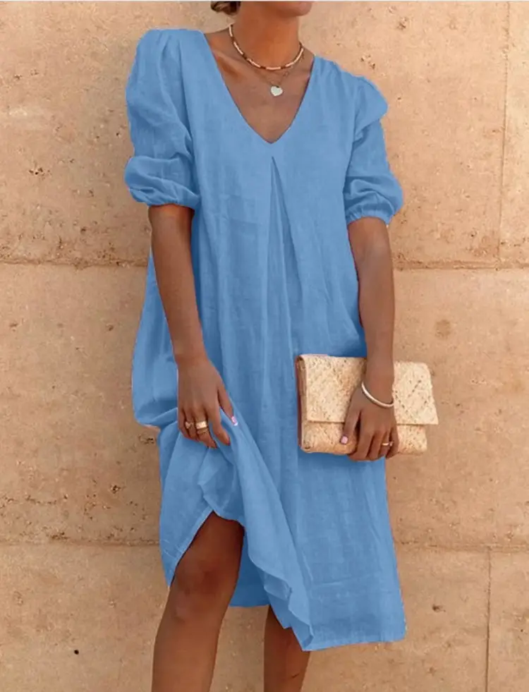 2024 Cotton Linen Midi Dress Pink V-Neck Long Sleeve - Image 6