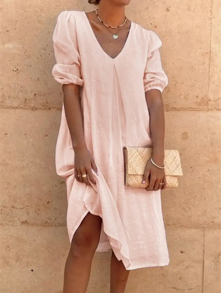 2024 Cotton Linen Midi Dress Pink V-Neck Long Sleeve - Image 7