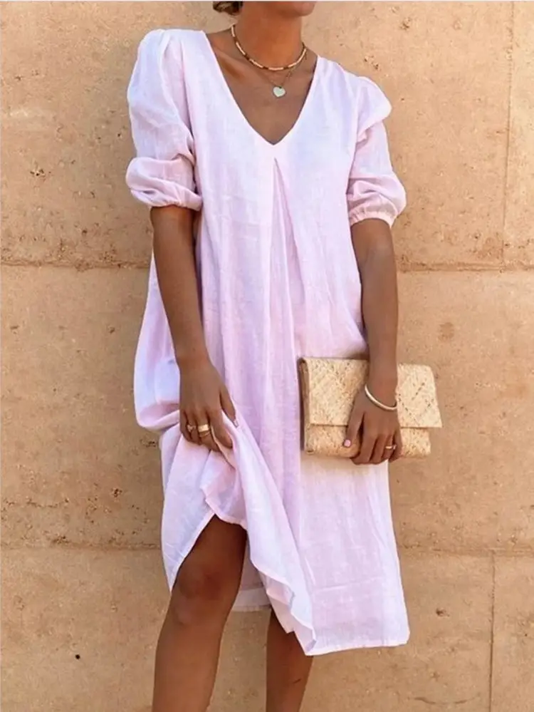 2024 Cotton Linen Midi Dress Pink V-Neck Long Sleeve - Image 2