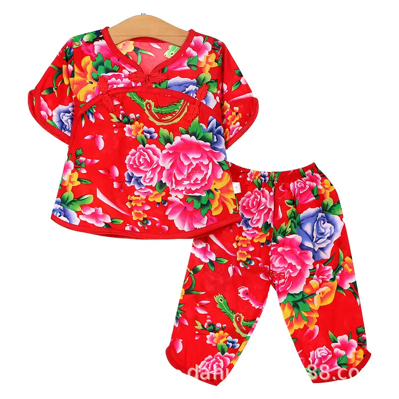 Women's Red Floral Pajama Short Sleeve Suit