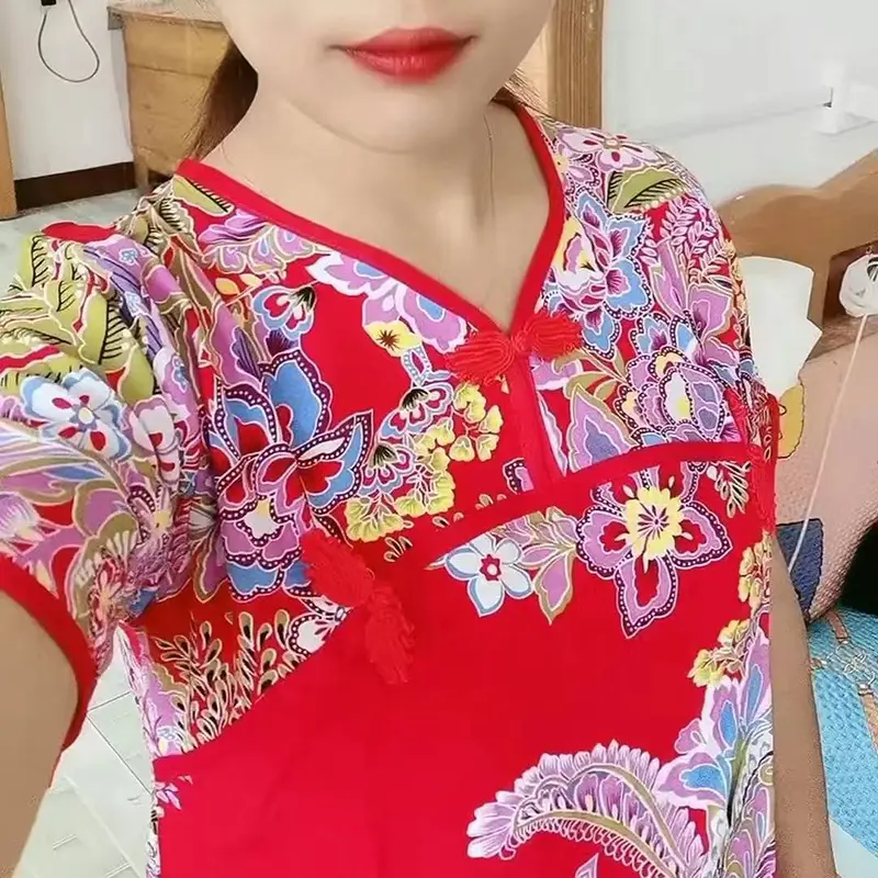 Women's Red Floral Pajama Short Sleeve Suit