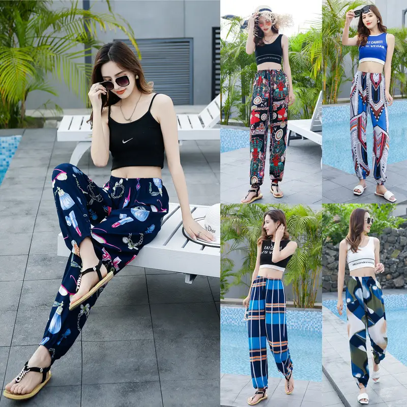 Women Cotton Silk Floral Beach Pants Blue Red - Image 38