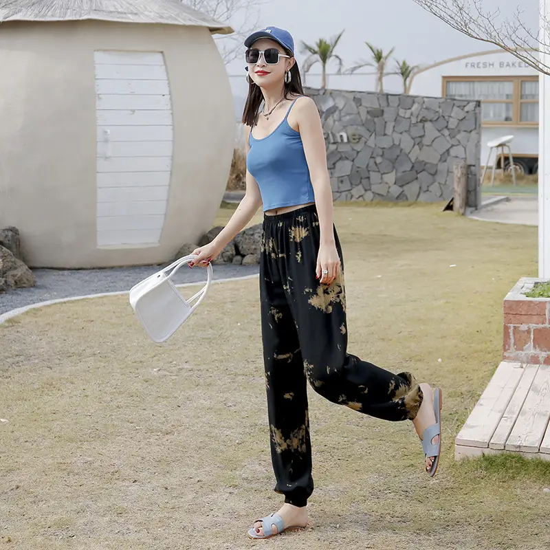 Women Cotton Silk Floral Beach Pants Blue Red - Image 12