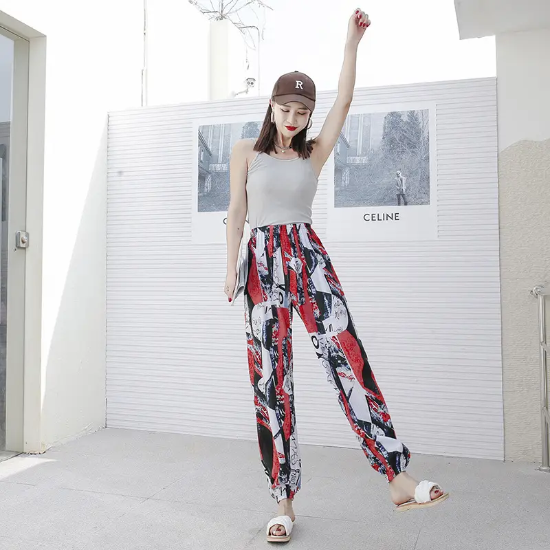 Women Cotton Silk Floral Beach Pants Blue Red - Image 14