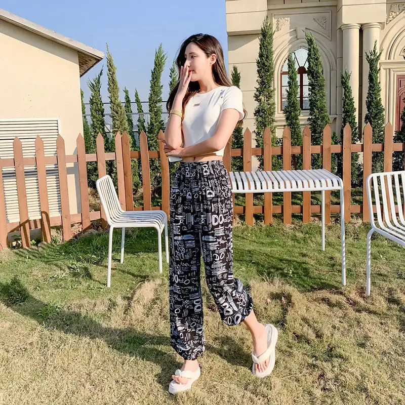 Women Cotton Silk Floral Beach Pants Blue Red - Image 16