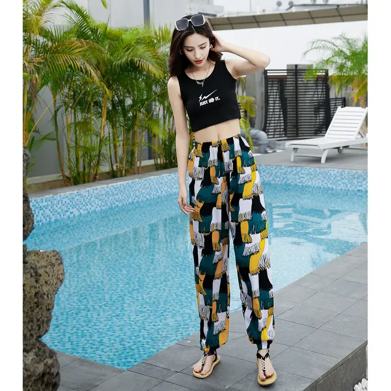 Women Cotton Silk Floral Beach Pants Blue Red - Image 24