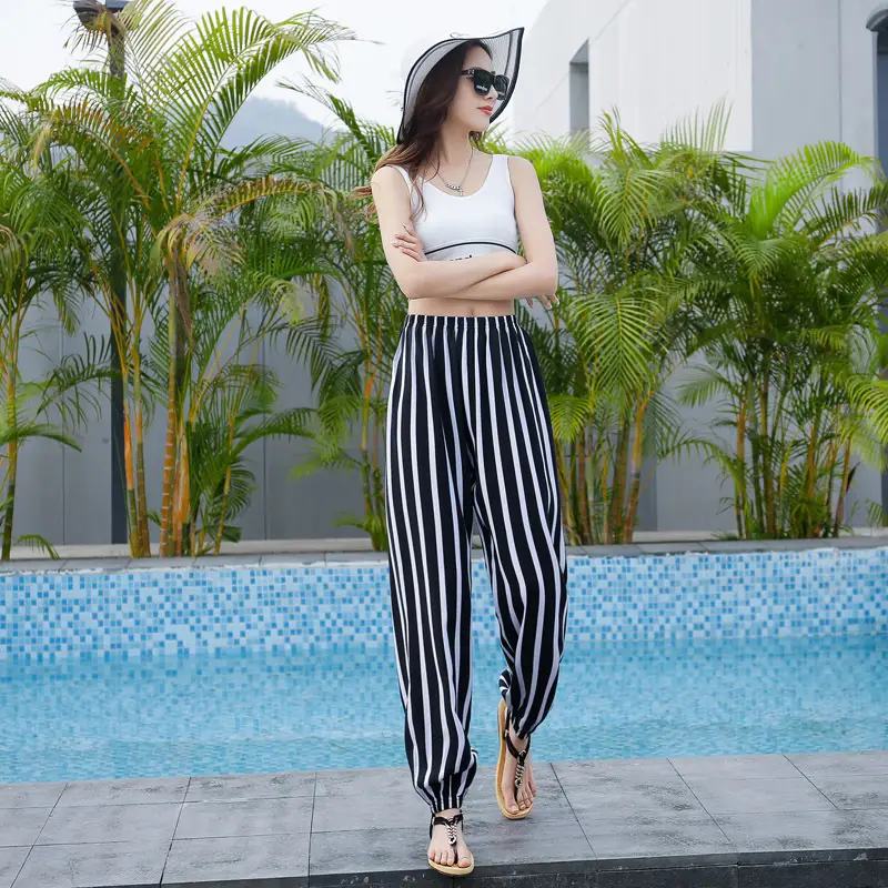 Women Cotton Silk Floral Beach Pants Blue Red - Image 25