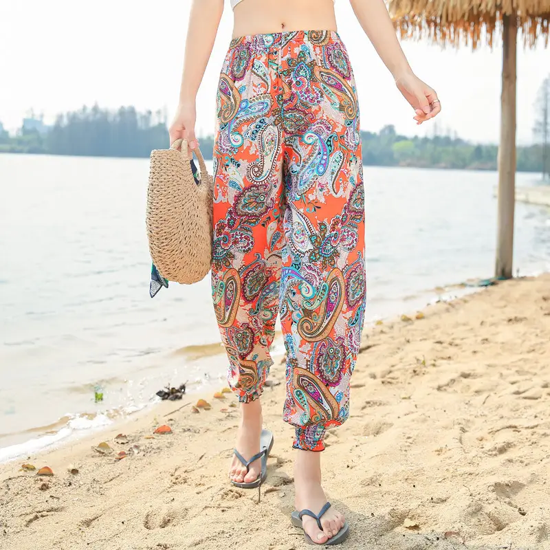 Women Cotton Silk Floral Beach Pants Blue Red - Image 31