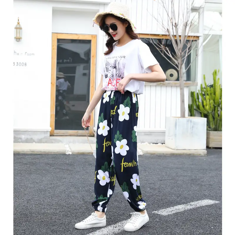 Women Cotton Silk Floral Beach Pants Blue Red - Image 34