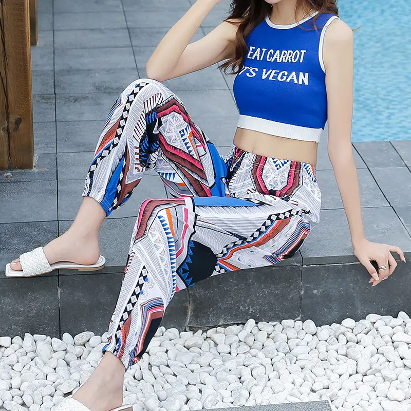 Women Cotton Silk Floral Beach Pants Blue Red - Image 6