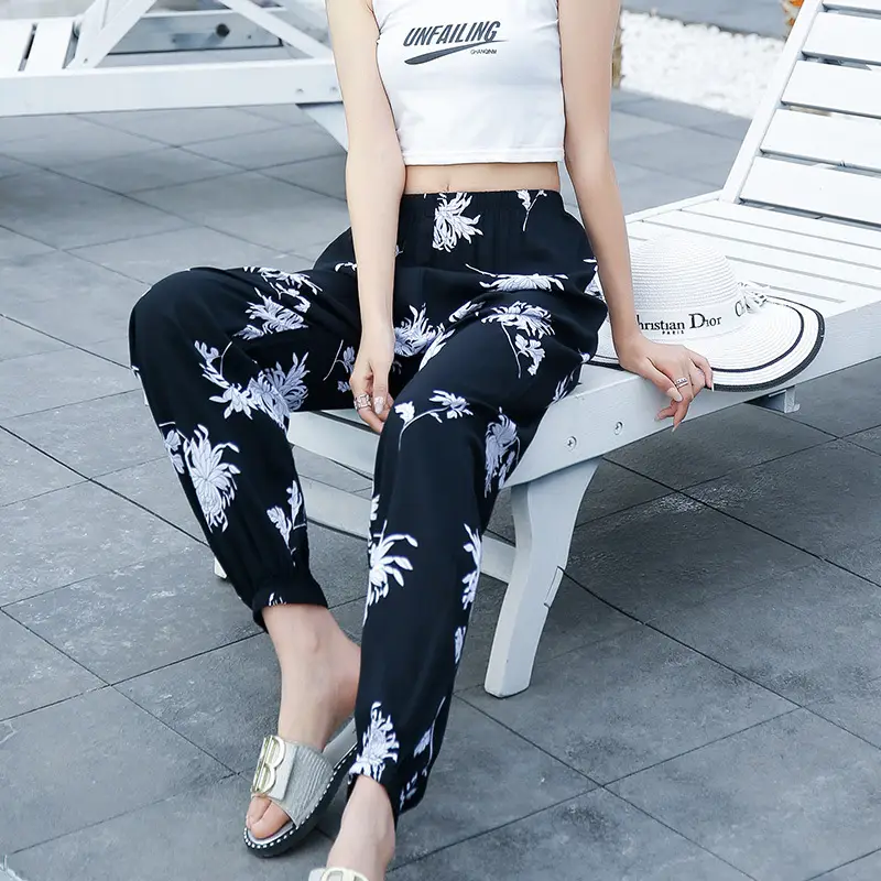 Women Cotton Silk Floral Beach Pants Blue Red - Image 9
