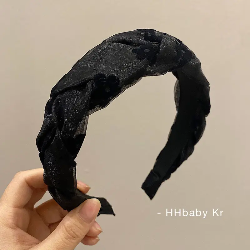 Women's Mesh Flower Twist Hairband Black White - Image 4