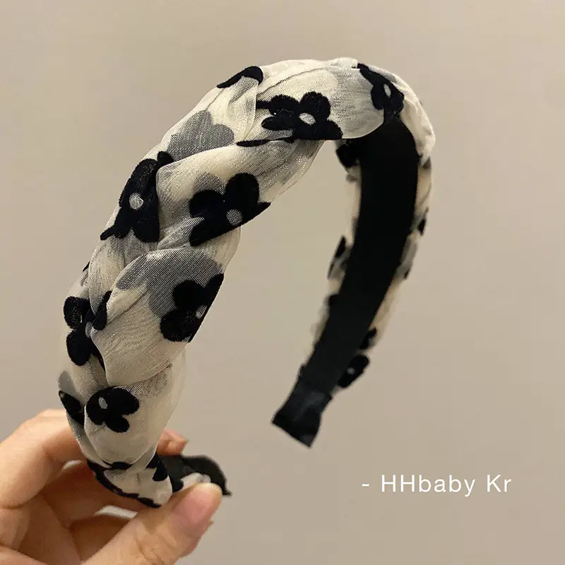 Women's Mesh Flower Twist Hairband Black White - Image 5