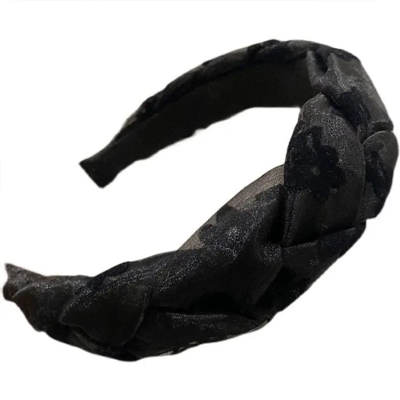 Women's Mesh Flower Twist Hairband Black White - Image 7