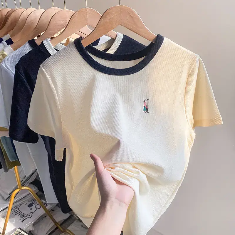 Apricot Embroidered Women T-Shirt 2026 Summer - Image 2