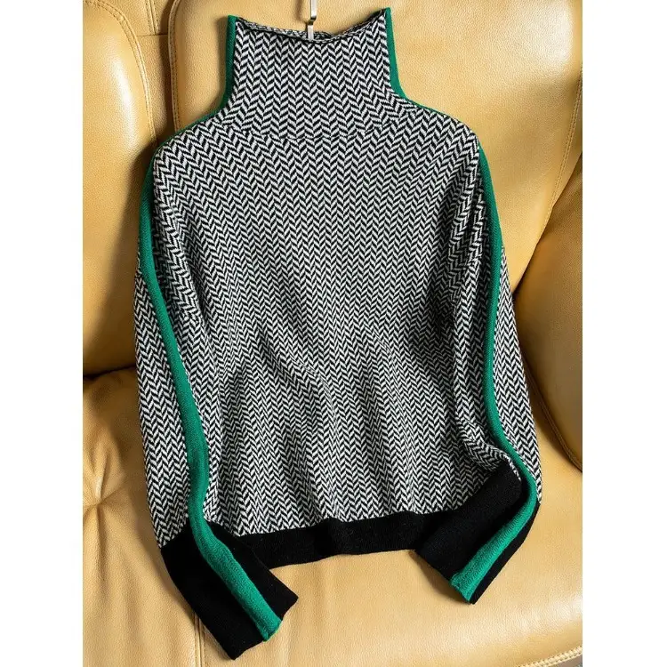 Women's Wool Turtleneck Sweater with Orange Sleeves