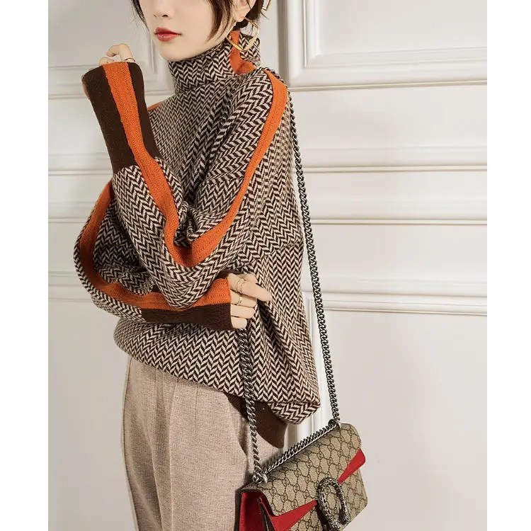 Women's Wool Turtleneck Sweater with Orange Sleeves