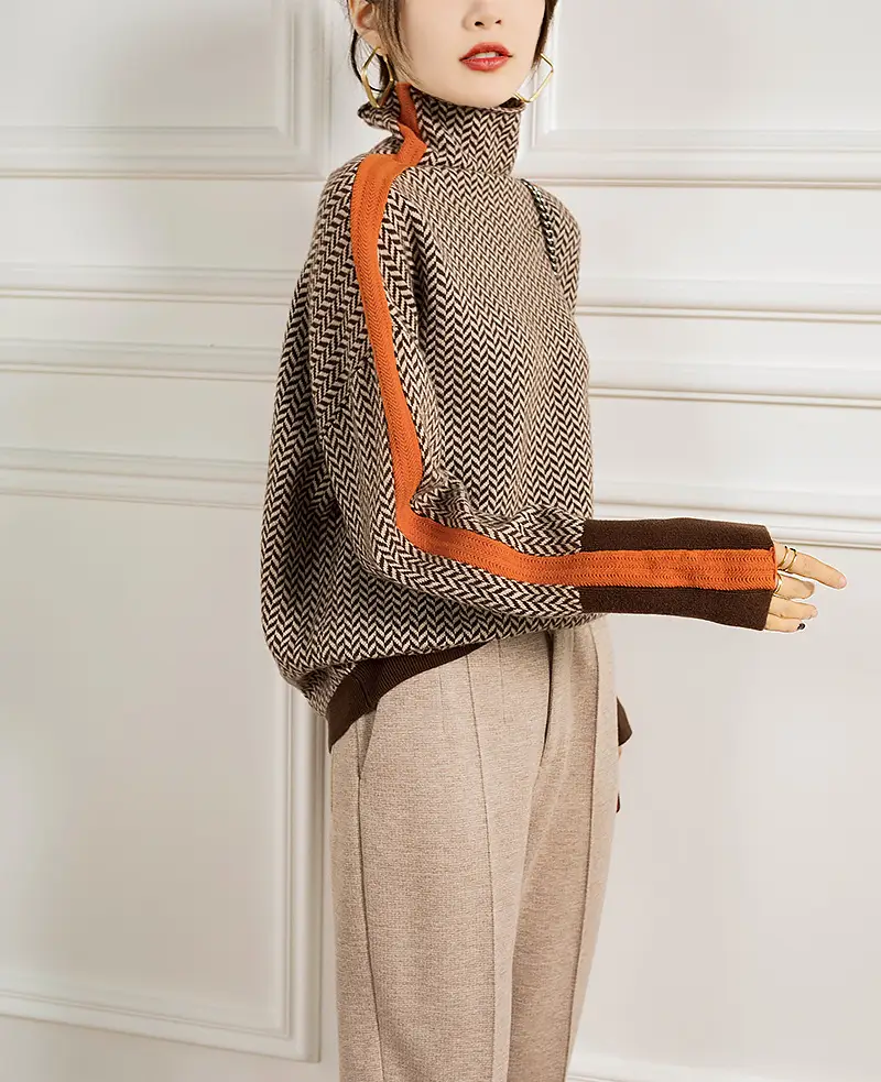 Women's Wool Turtleneck Sweater with Orange Sleeves — feature 1