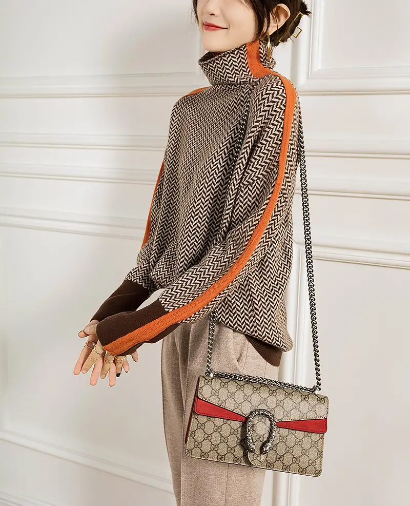 Women's Wool Turtleneck Sweater with Orange Sleeves — feature 3