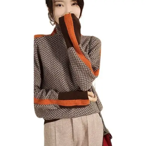Women's Wool Turtleneck Sweater with Orange Sleeves