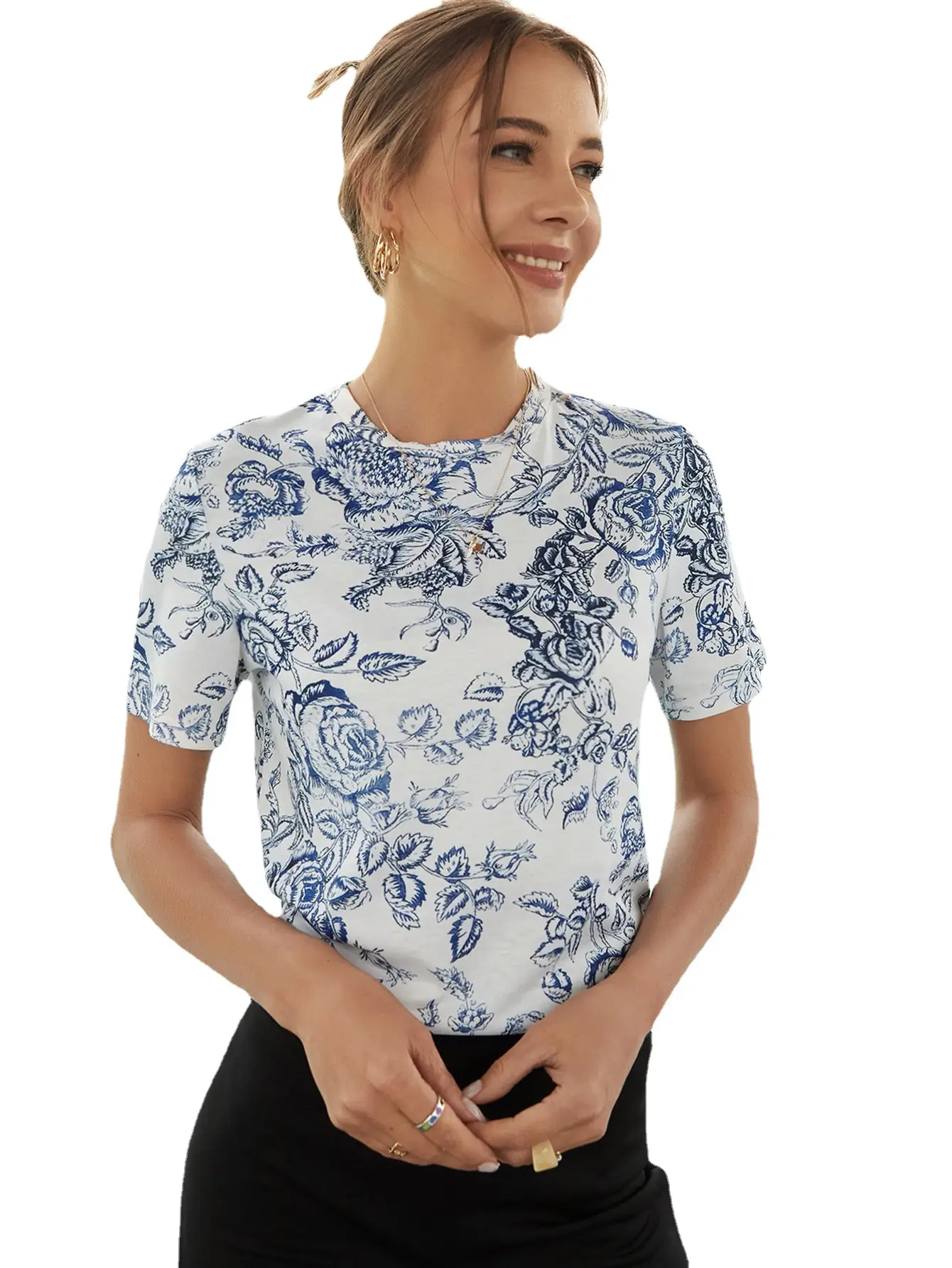 Women Printed Round Neck Jacket Blue White 2022