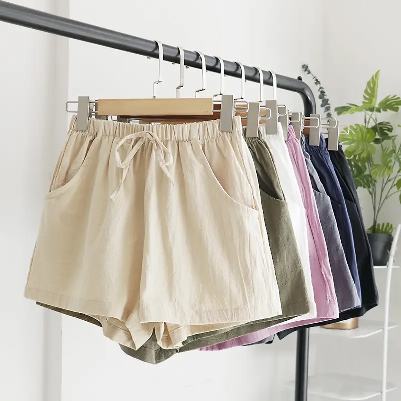 Women Linen Shorts Red Large Elastic Waist - Image 13