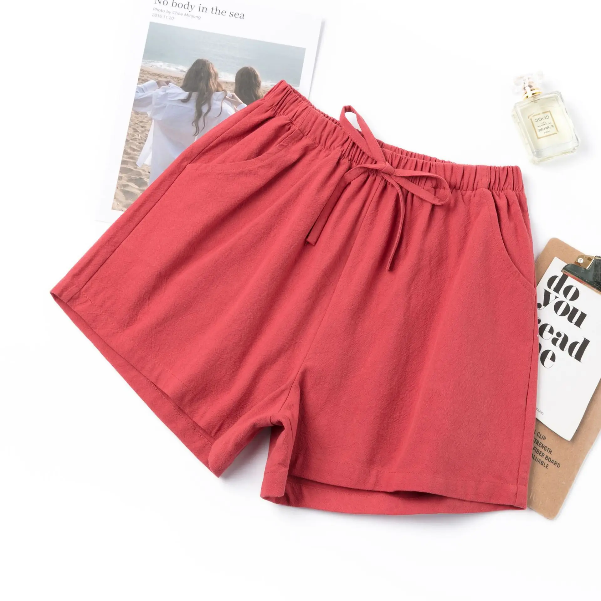 Women Linen Shorts Red Large Elastic Waist - Image 8