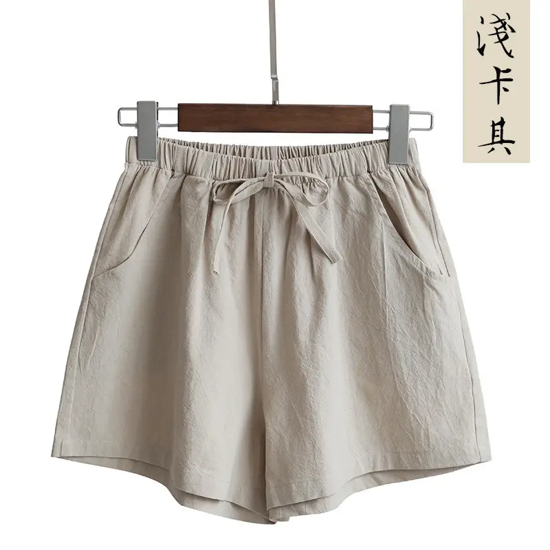 Women Linen Shorts Red Large Elastic Waist - Image 2