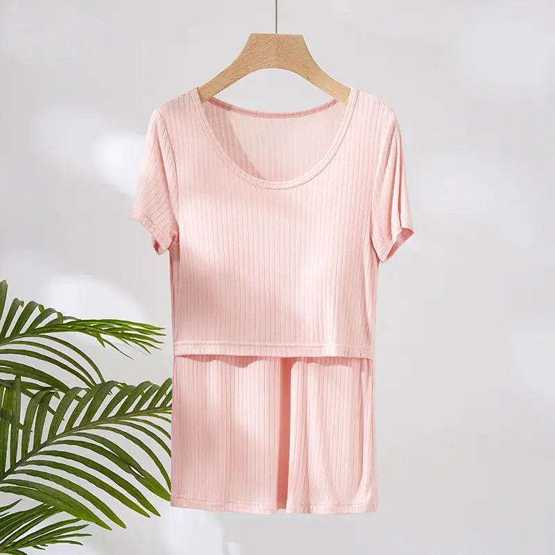 Pink Maternity T-Shirt with Breast Pads, Bra-Free, Breathable - Image 2