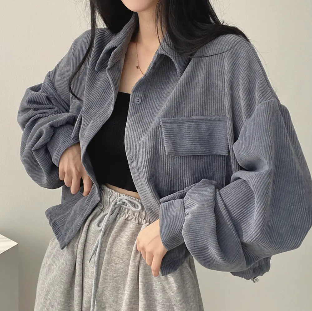 2024 Black Corduroy Long Sleeve Shirt Jacket for Women - Image 3