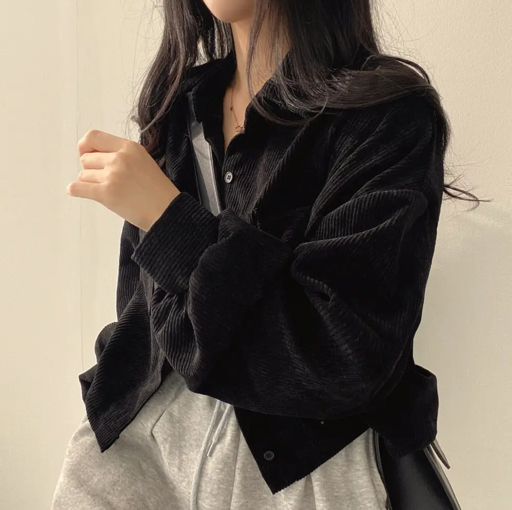 2024 Black Corduroy Long Sleeve Shirt Jacket for Women - Image 5