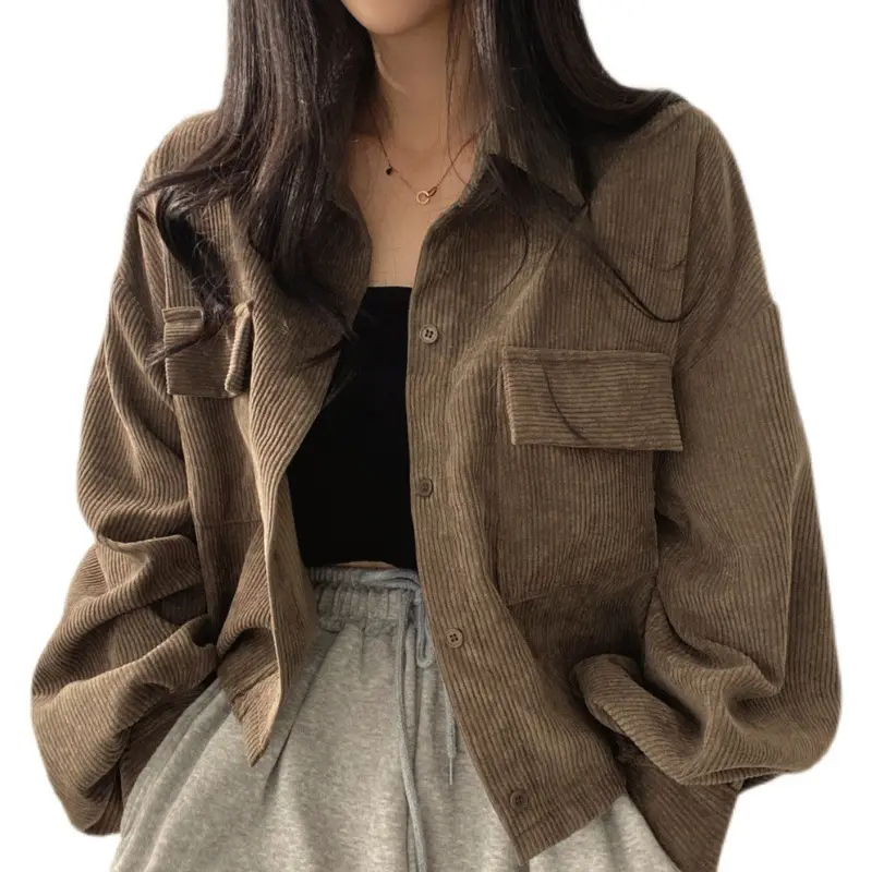 2024 Black Corduroy Long Sleeve Shirt Jacket for Women - Image 6