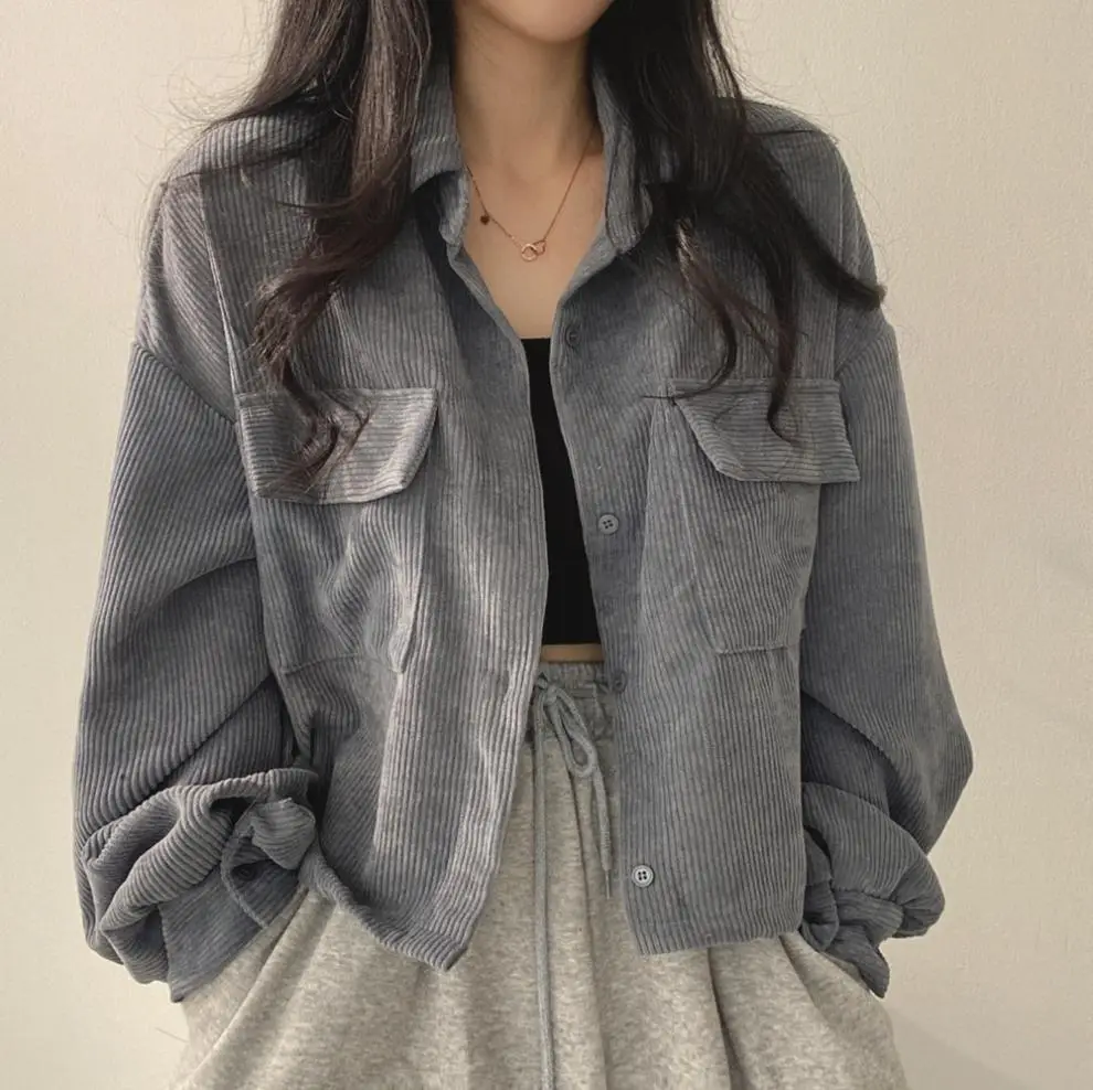 2024 Black Corduroy Long Sleeve Shirt Jacket for Women — feature 13