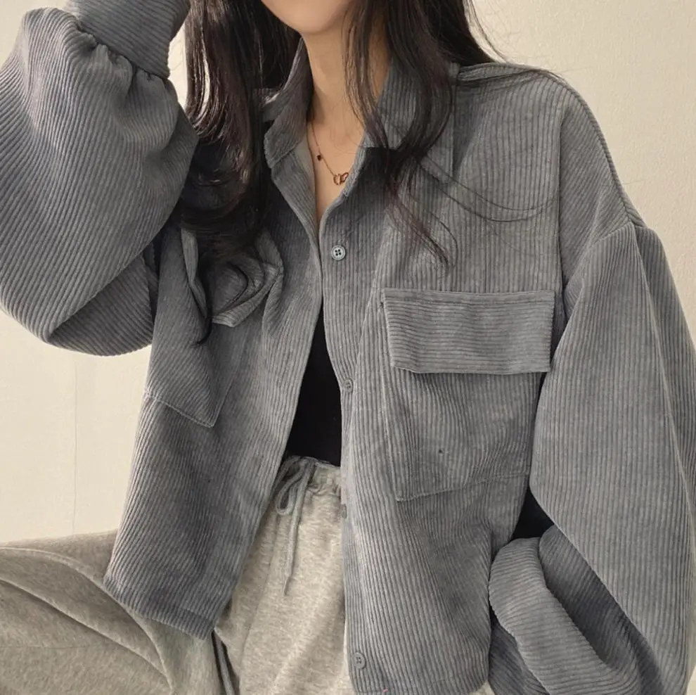 2024 Black Corduroy Long Sleeve Shirt Jacket for Women — feature 14